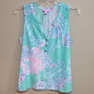Lilly Pulitzer Mint and Pink Coral-Print Henley Tank, M